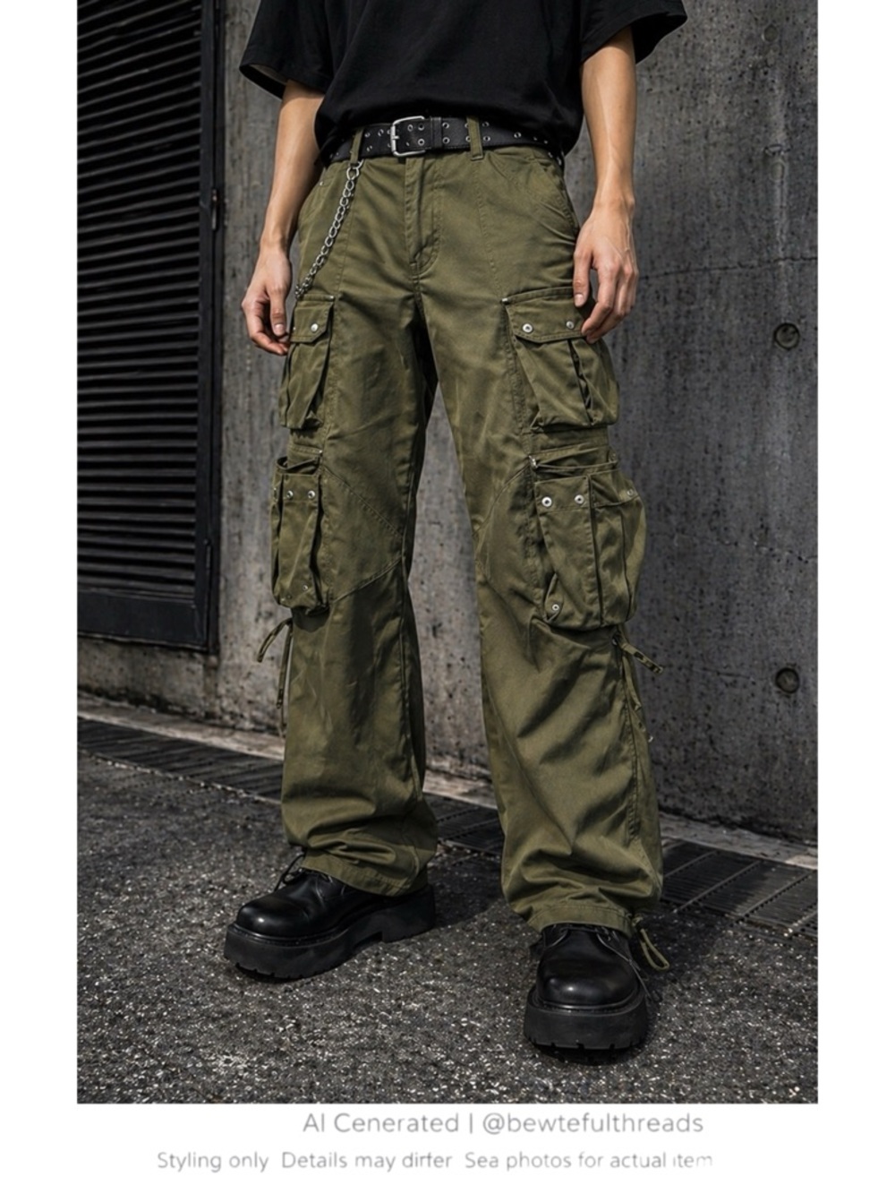 Y2K Techwear Cargo Pants Olive Utility Streetwear Wide Leg 28
